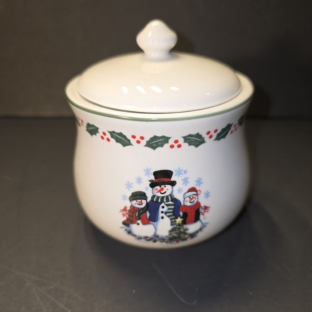GEI Snowman Family Sugar Bowl w Lid Christmas Holly Berry‎ 4.5" Tall Ceramic